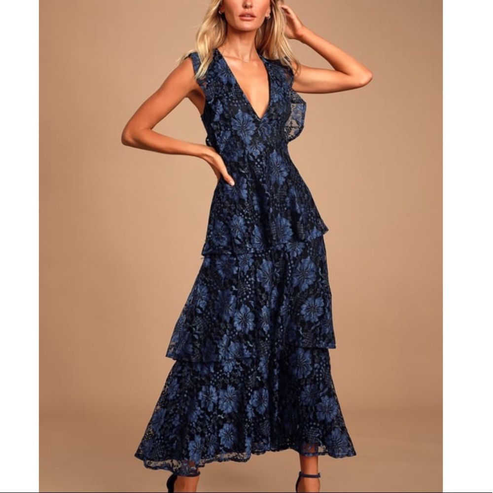 Navy Lace Ruffled Tiered Sleeveless Maxi Dress